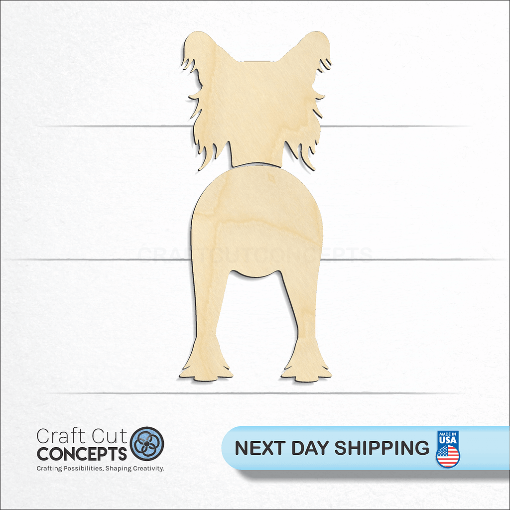 Craft Cut Concepts logo and next day shipping banner with an unfinished wood Chinese Crested craft shape and blank