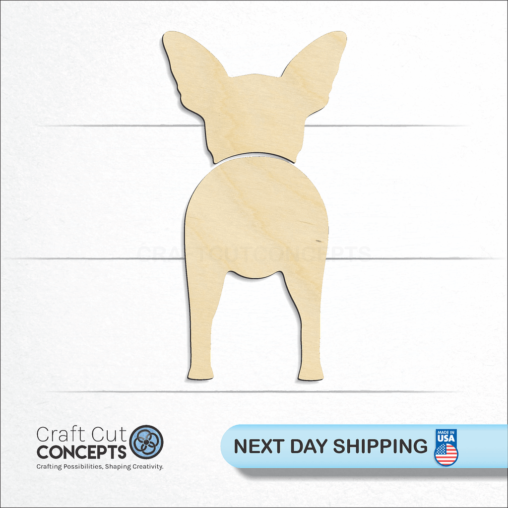 Craft Cut Concepts logo and next day shipping banner with an unfinished wood Cihuahua craft shape and blank