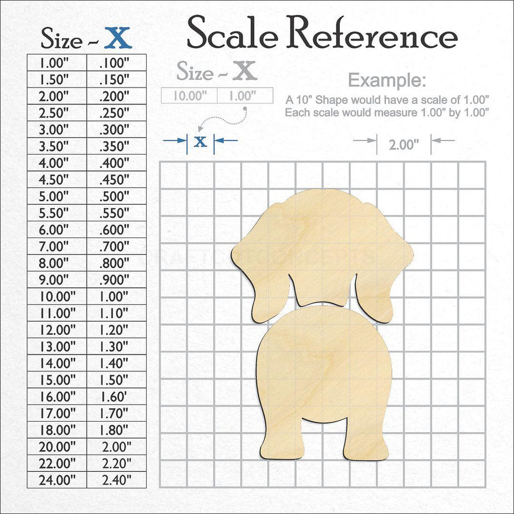 A scale and graph image showing a wood Dachshund craft blank