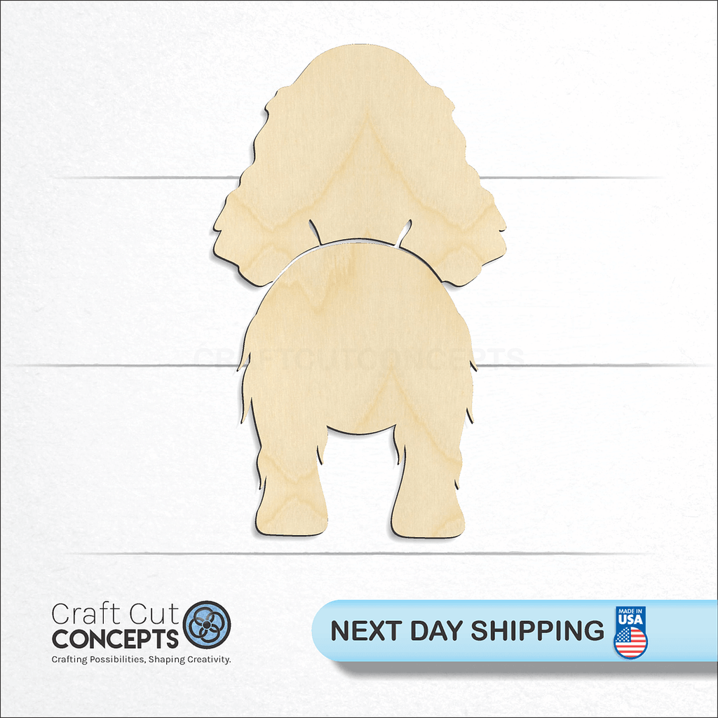 Craft Cut Concepts logo and next day shipping banner with an unfinished wood English Cocker Spaniel craft shape and blank