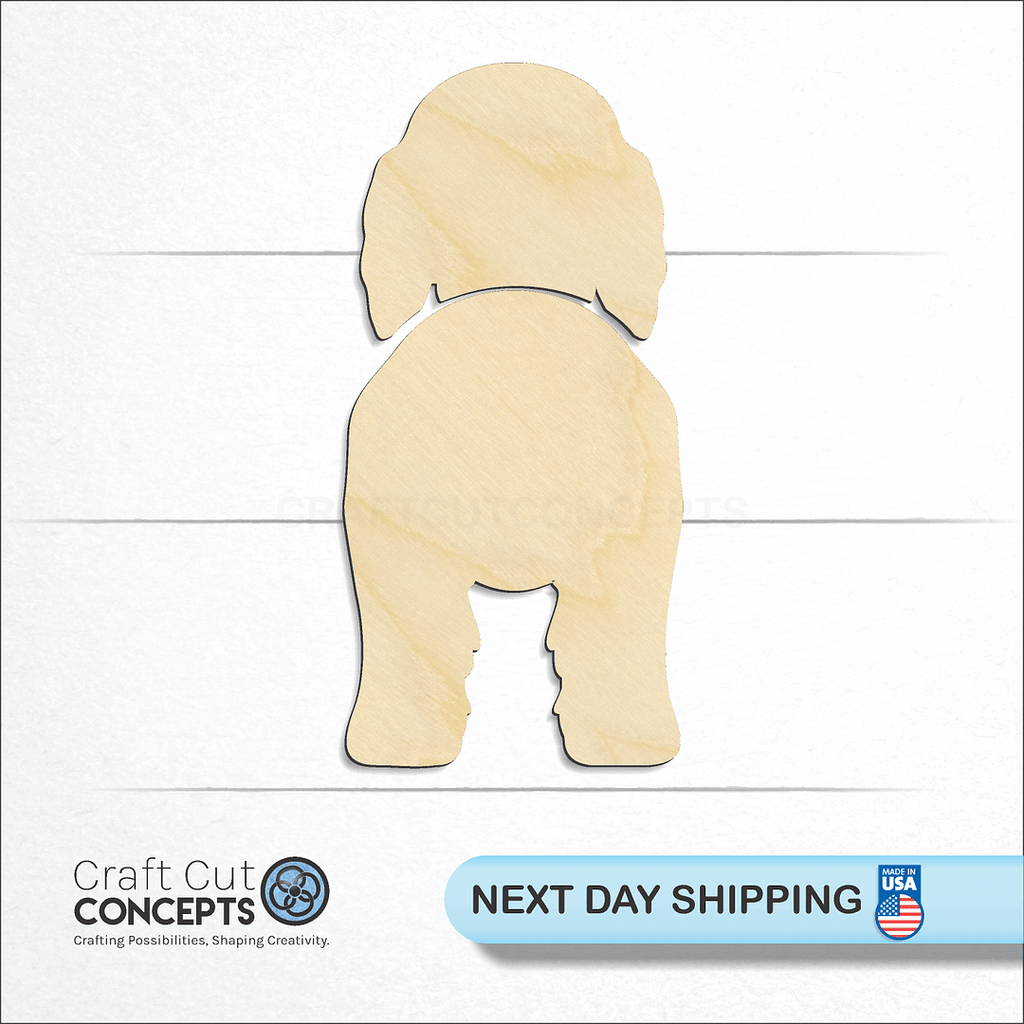 Craft Cut Concepts logo and next day shipping banner with an unfinished wood Field Spaniel craft shape and blank