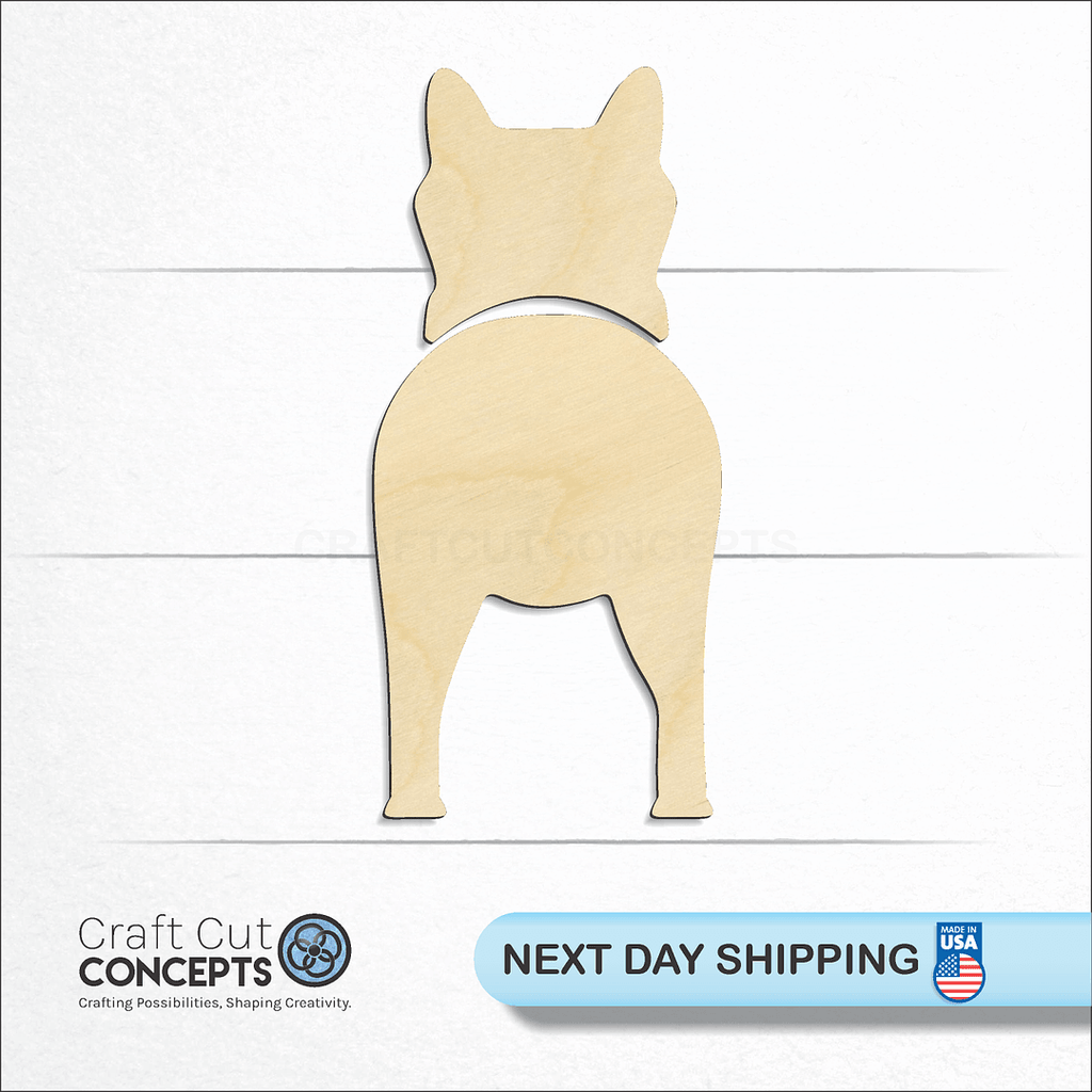 Craft Cut Concepts logo and next day shipping banner with an unfinished wood Finnish Spitz craft shape and blank