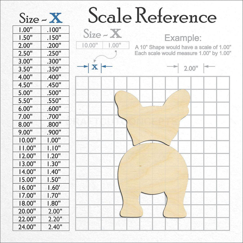 A scale and graph image showing a wood French Bulldog craft blank