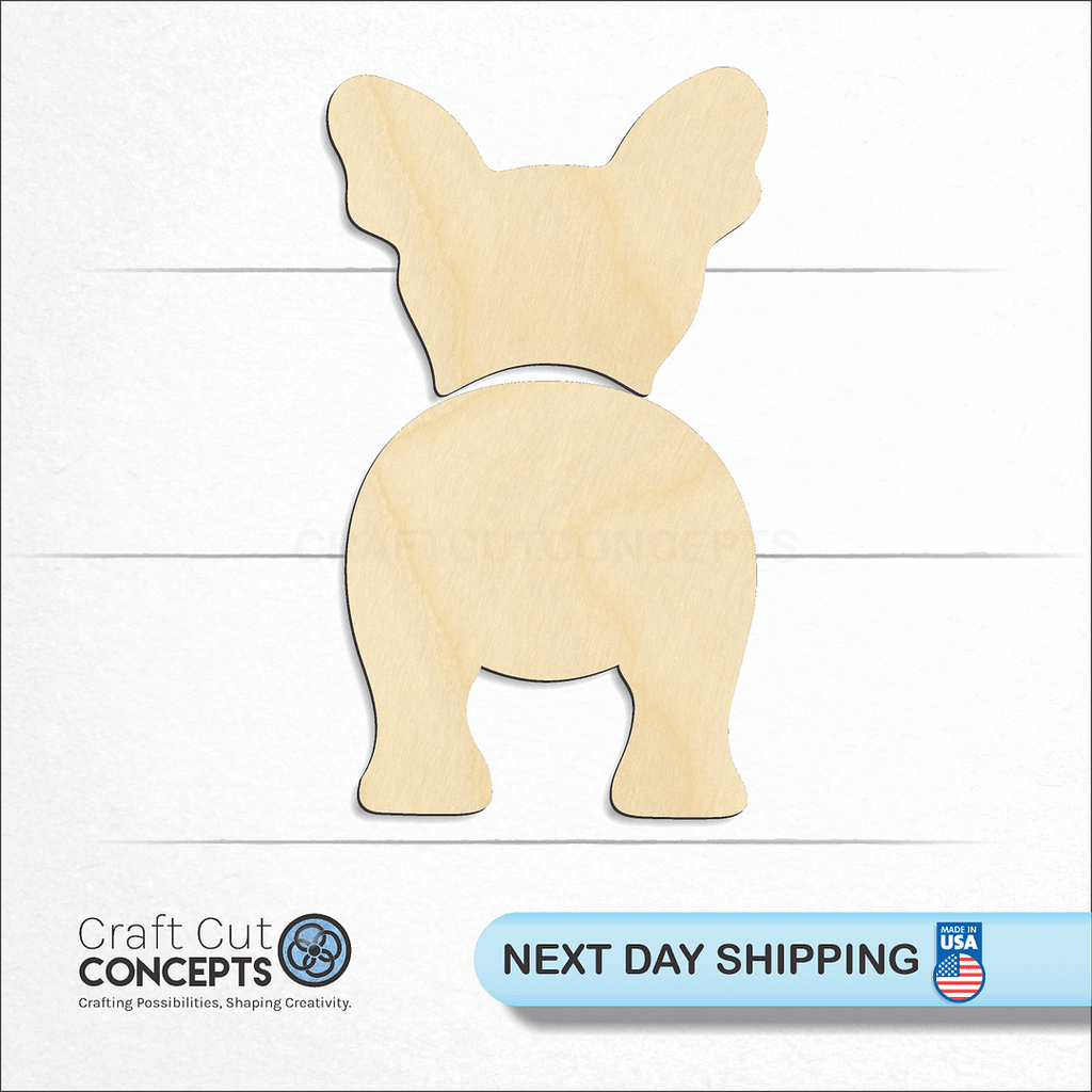 Craft Cut Concepts logo and next day shipping banner with an unfinished wood French Bulldog craft shape and blank