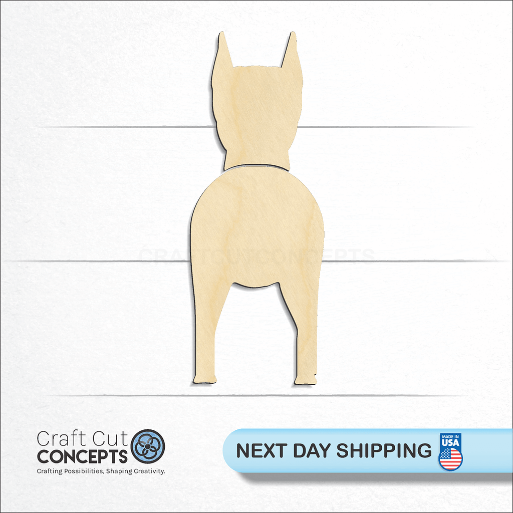 Craft Cut Concepts logo and next day shipping banner with an unfinished wood German Pinscher craft shape and blank